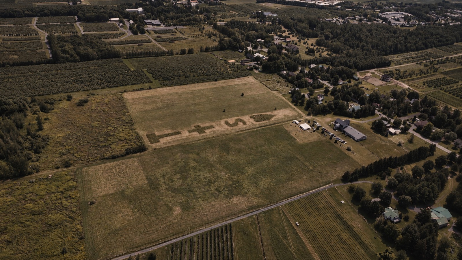 Aerial of a second heart in the field at the Rougemont wedding
