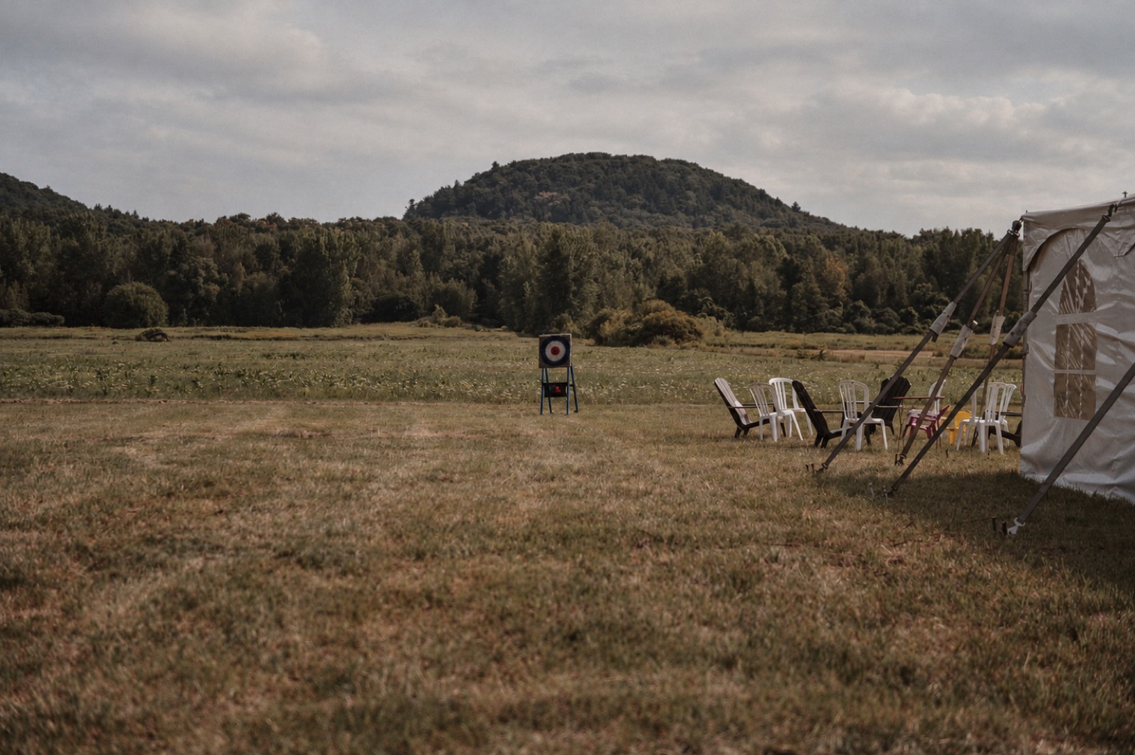 Guests gathered in the countryside at Thu and Simon's wedding in Rougemont, Quebec