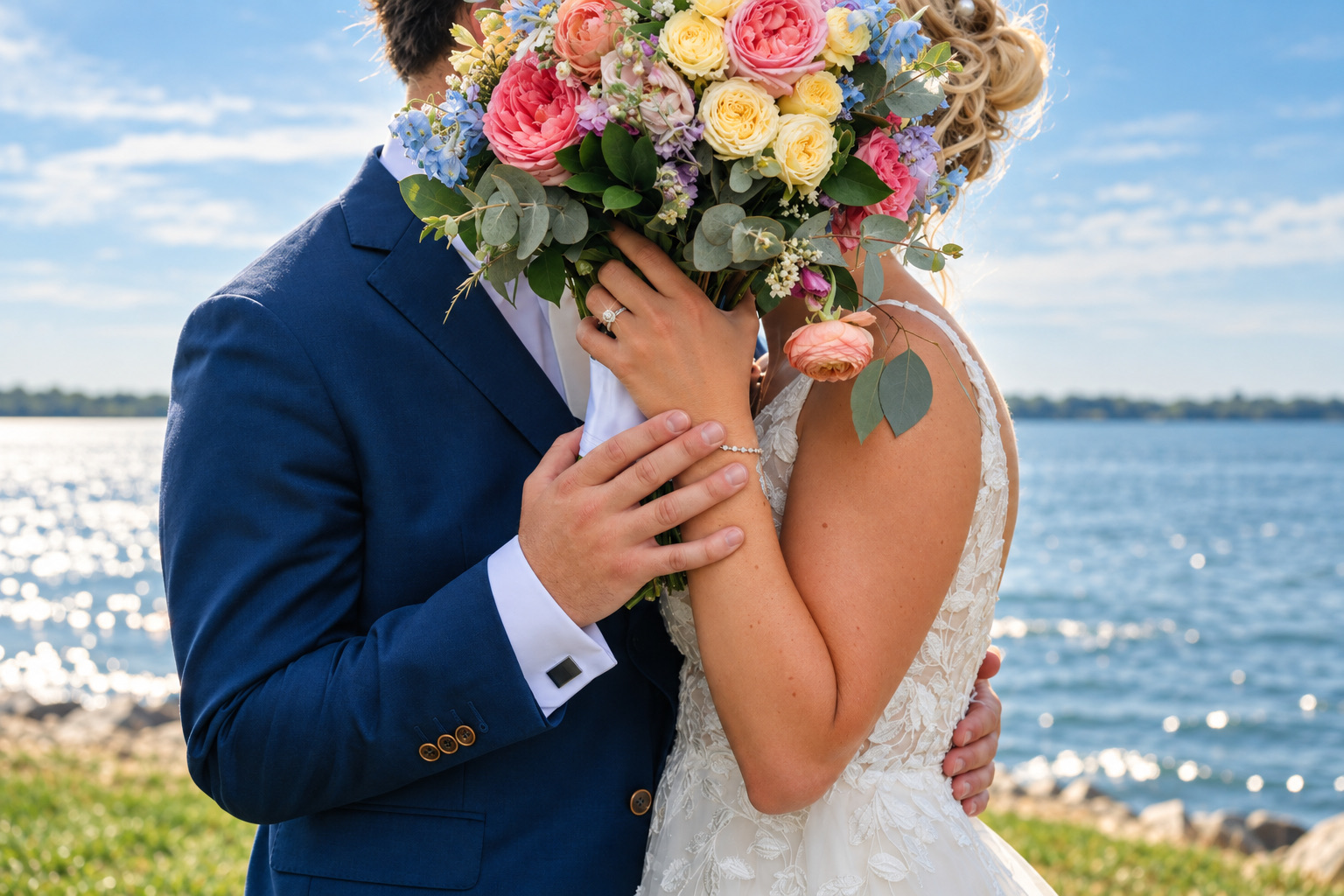 Jaci and Vincent embrace with the bouquet by the river in Watertown, Upstate New York