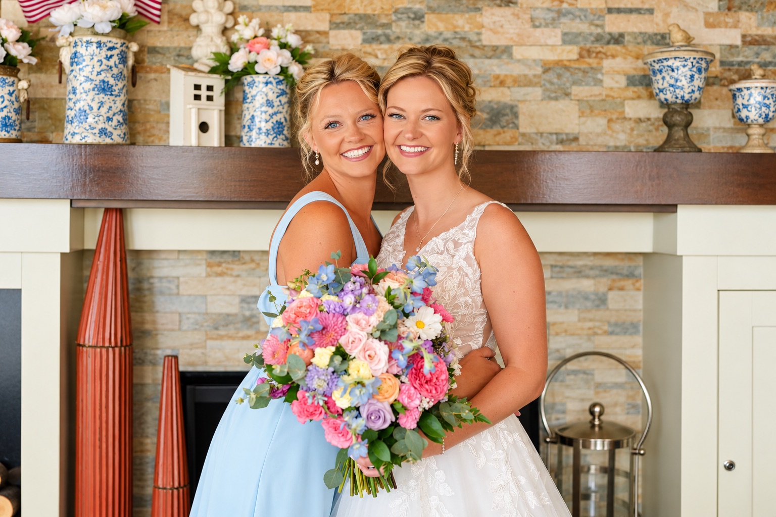 Jaci and a bridesmaid by the fireplace in Watertown, Upstate New York