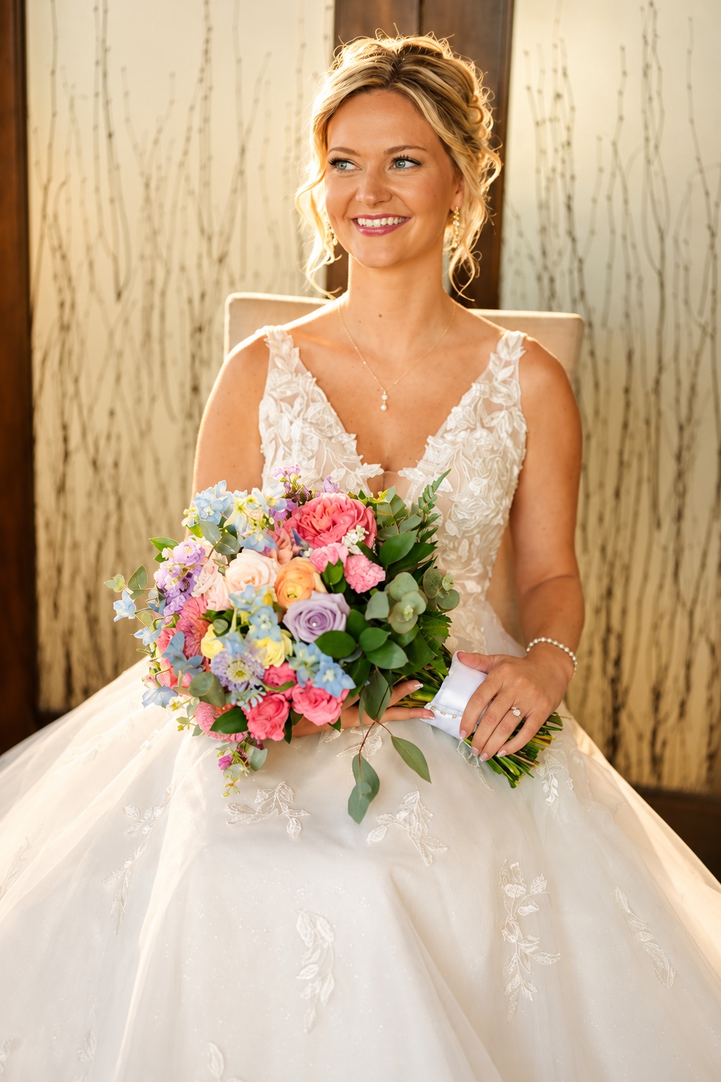 Jaci seated with her bouquet in Watertown, Upstate New York