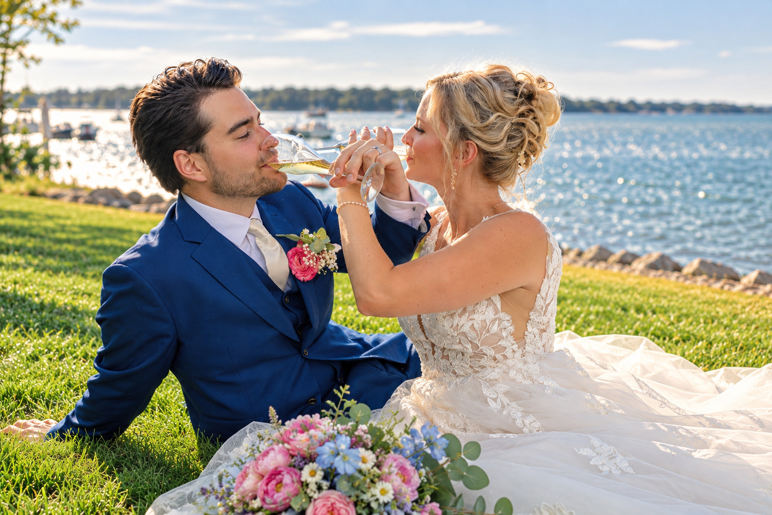 Jaci and Vincent share a champagne toast on the lawn in Watertown, Upstate New York