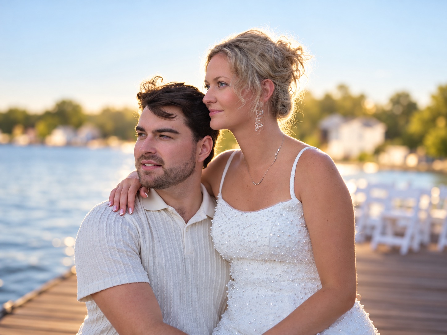 Jaci and Vincent on the dock with ceremony chairs in Watertown, Upstate New York