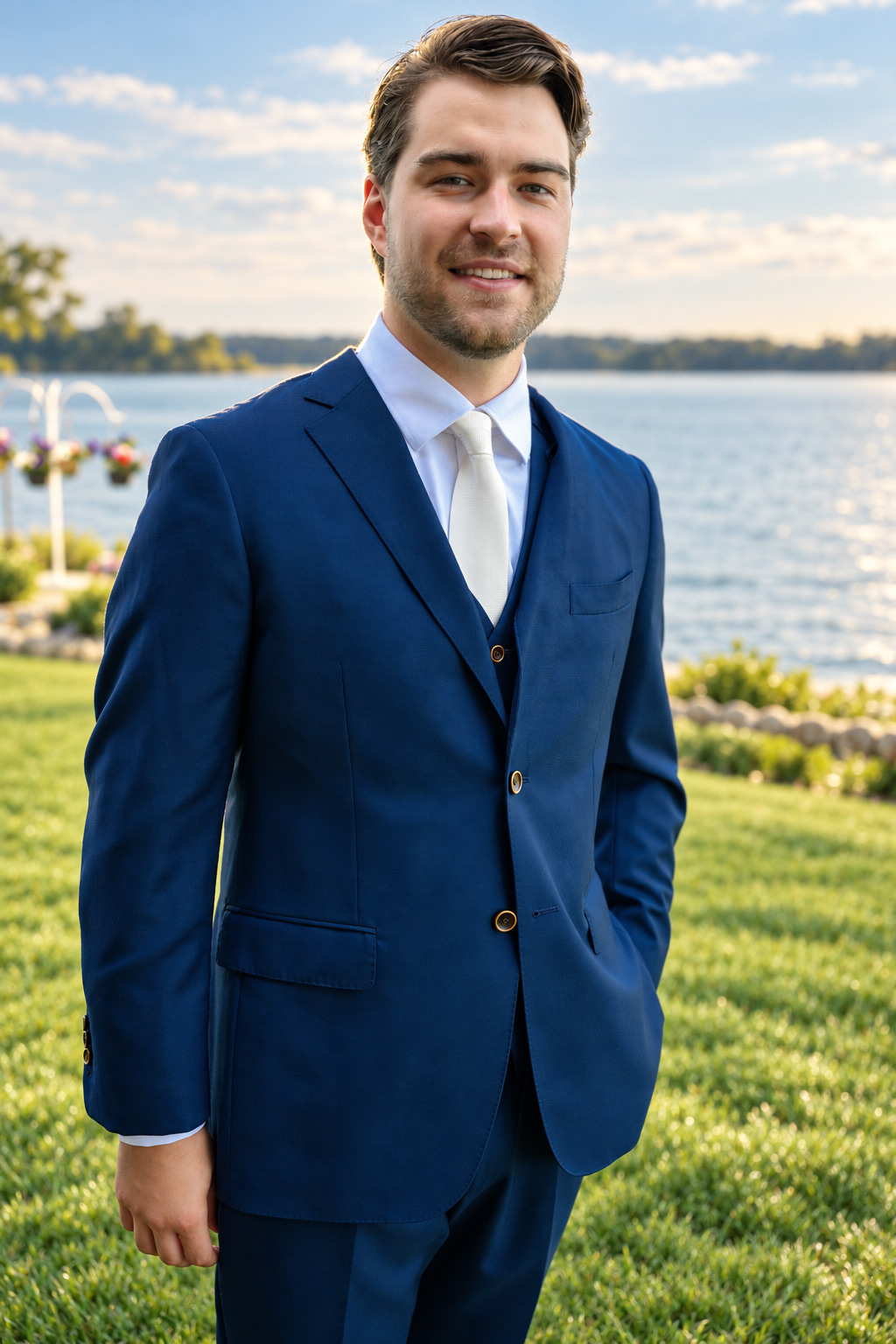 Vincent in a navy suit by the water in Watertown, Upstate New York