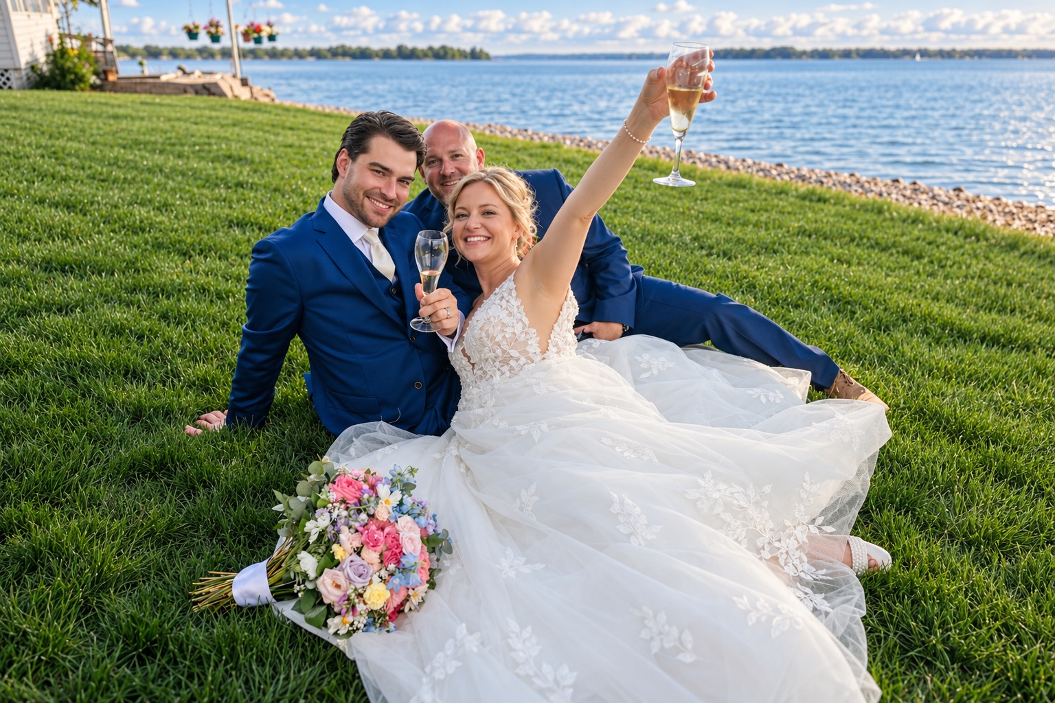 Jaci and Vincent toast with champagne by the lake in Watertown, Upstate New York