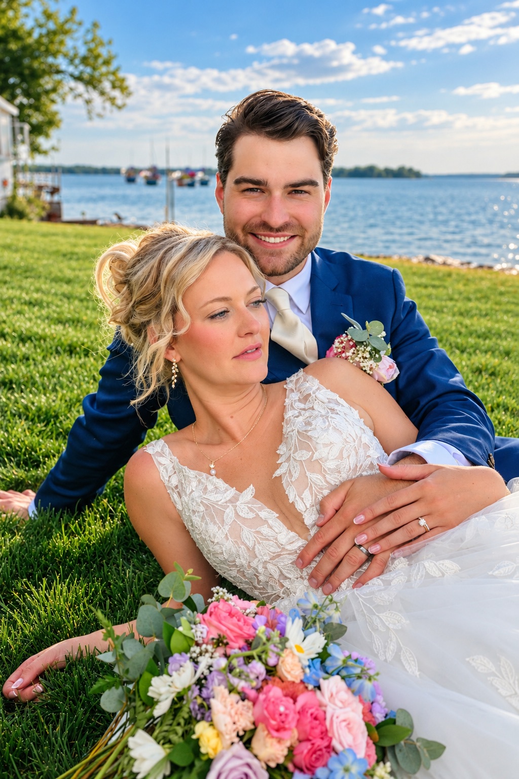 Jaci and Vincent as newlyweds by the lake in Watertown, Upstate New York