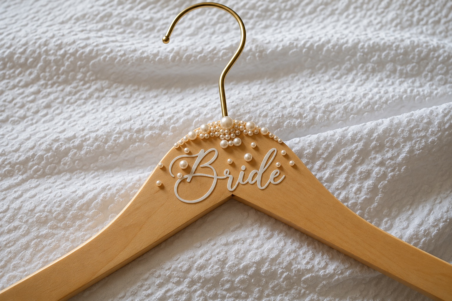 A pearl bride hanger during getting ready in Watertown, Upstate New York