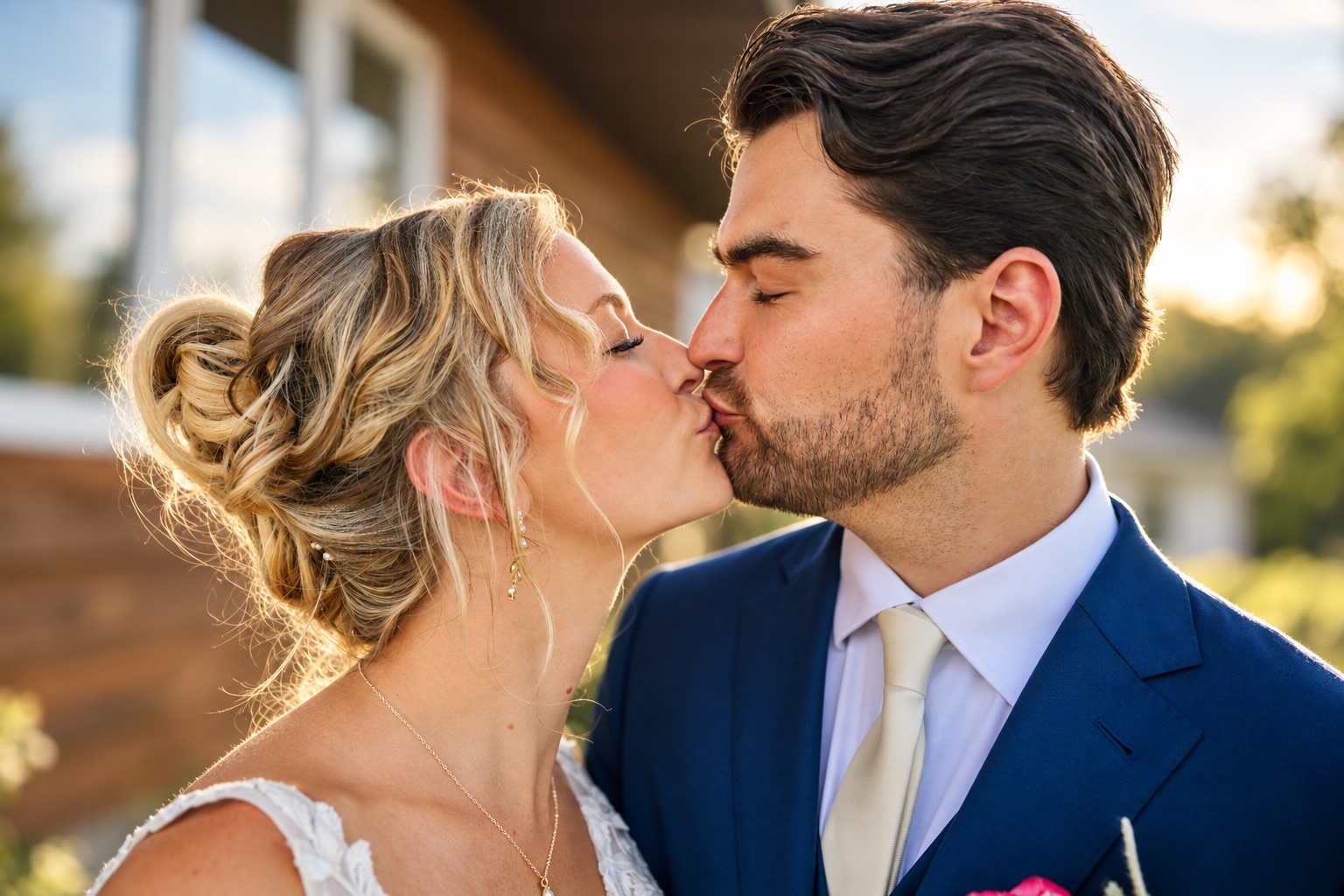 Jaci and Vincent kiss at sunset outside the Hilton Garden Inn in Watertown, Upstate New York