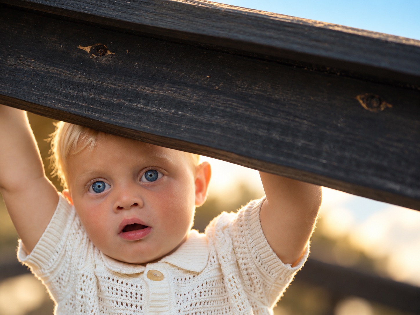 A toddler under the dock railing at the Watertown wedding, Upstate New York