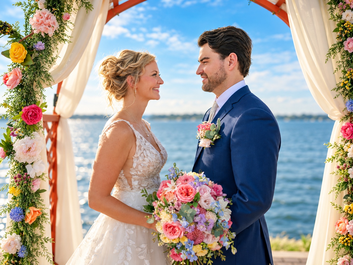Jaci and Vincent under the floral arbor in the Thousand Islands, Upstate New York