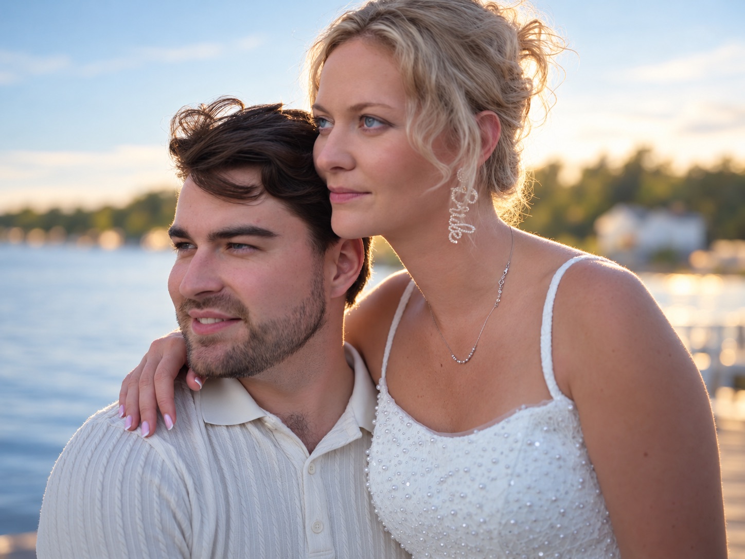 Jaci and Vincent in a waterfront portrait at sunset in Watertown, Upstate New York