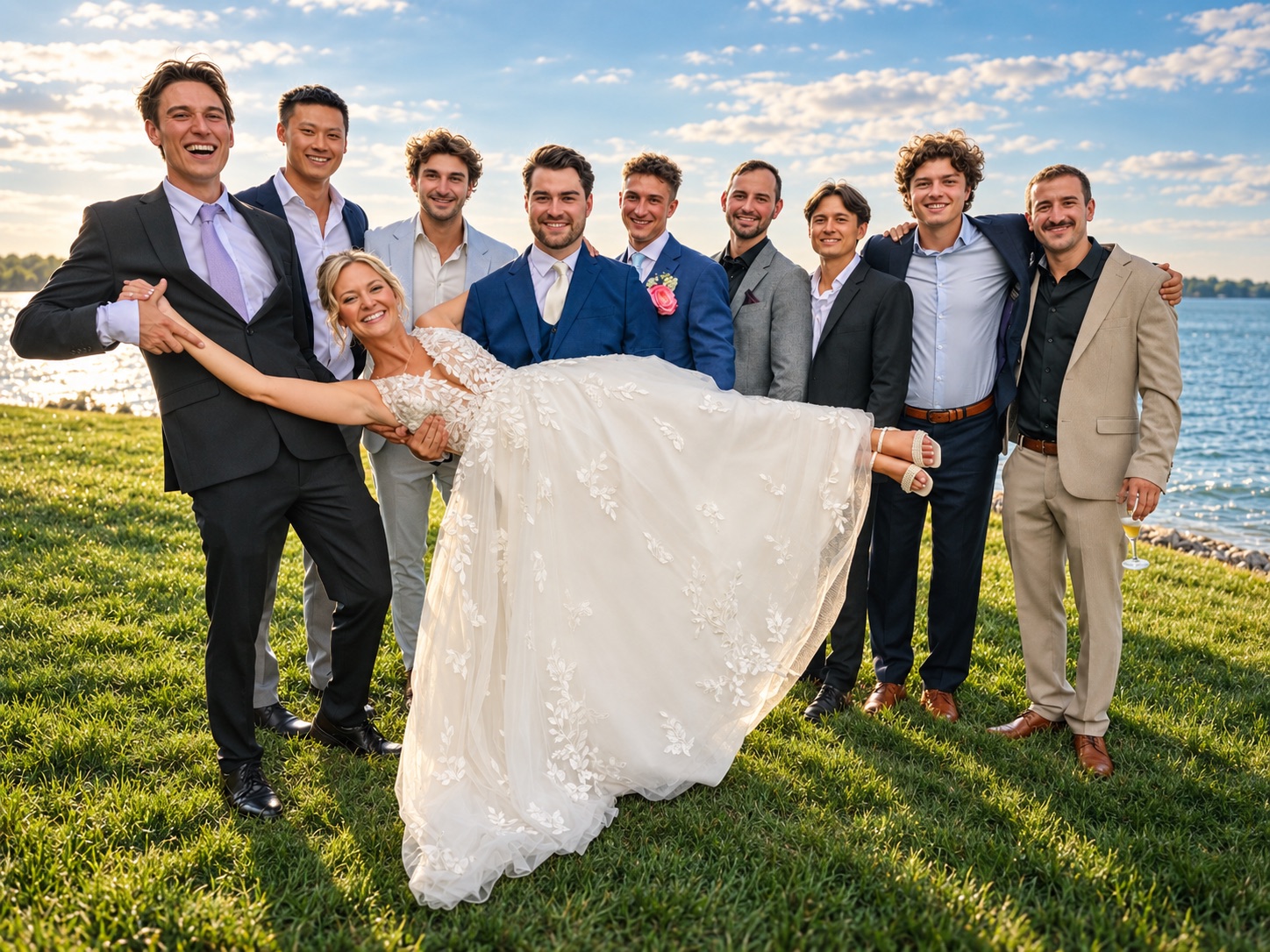 Jaci and Vincent with the wedding party by the river in Watertown, Upstate New York