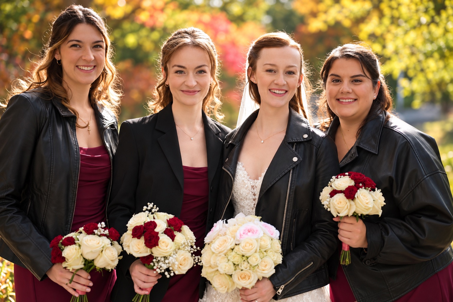 Jenna and her bridesmaids in the autumn light