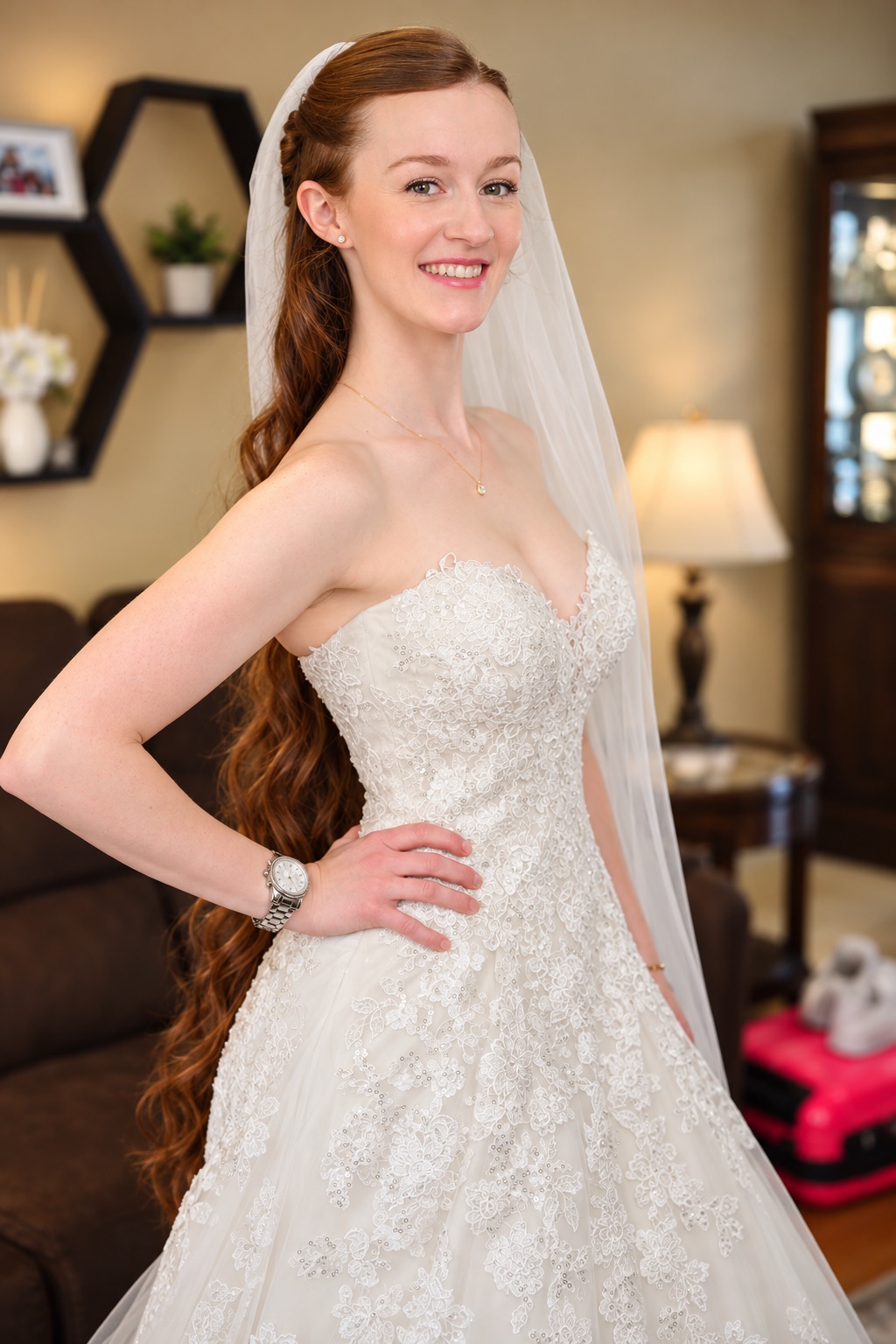 Jenna getting ready in the living room