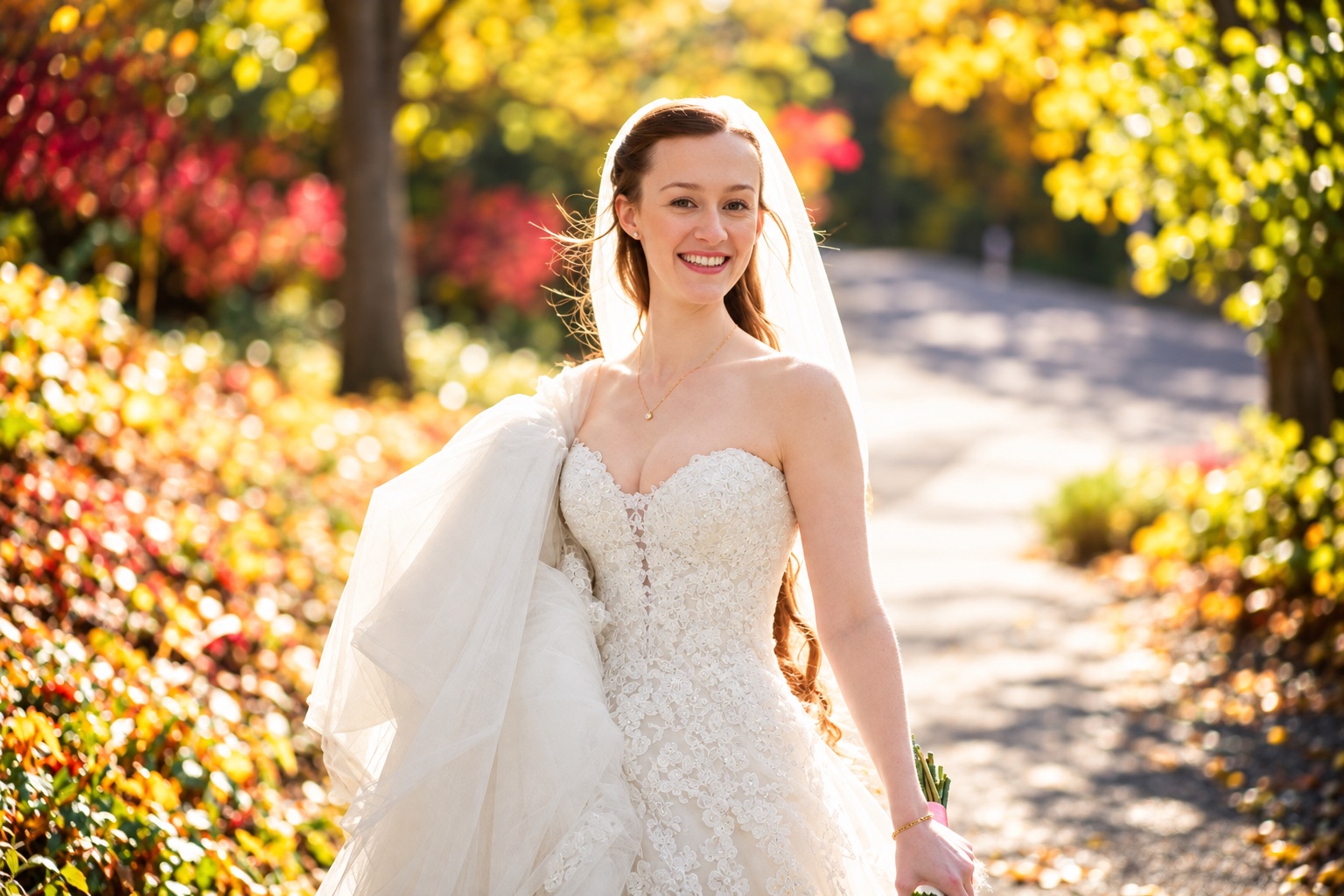 Jenna on a sunlit autumn path