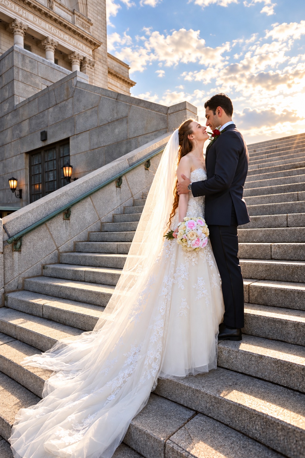 Jenna and Pouya on the stone steps