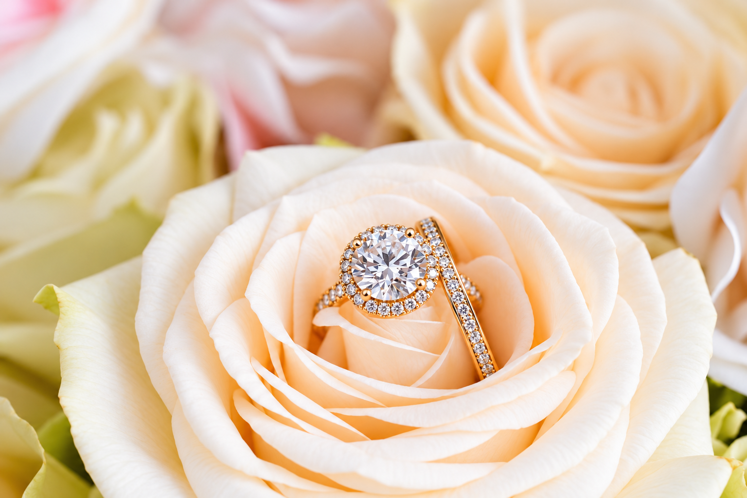 Diamond rings nestled in blush roses