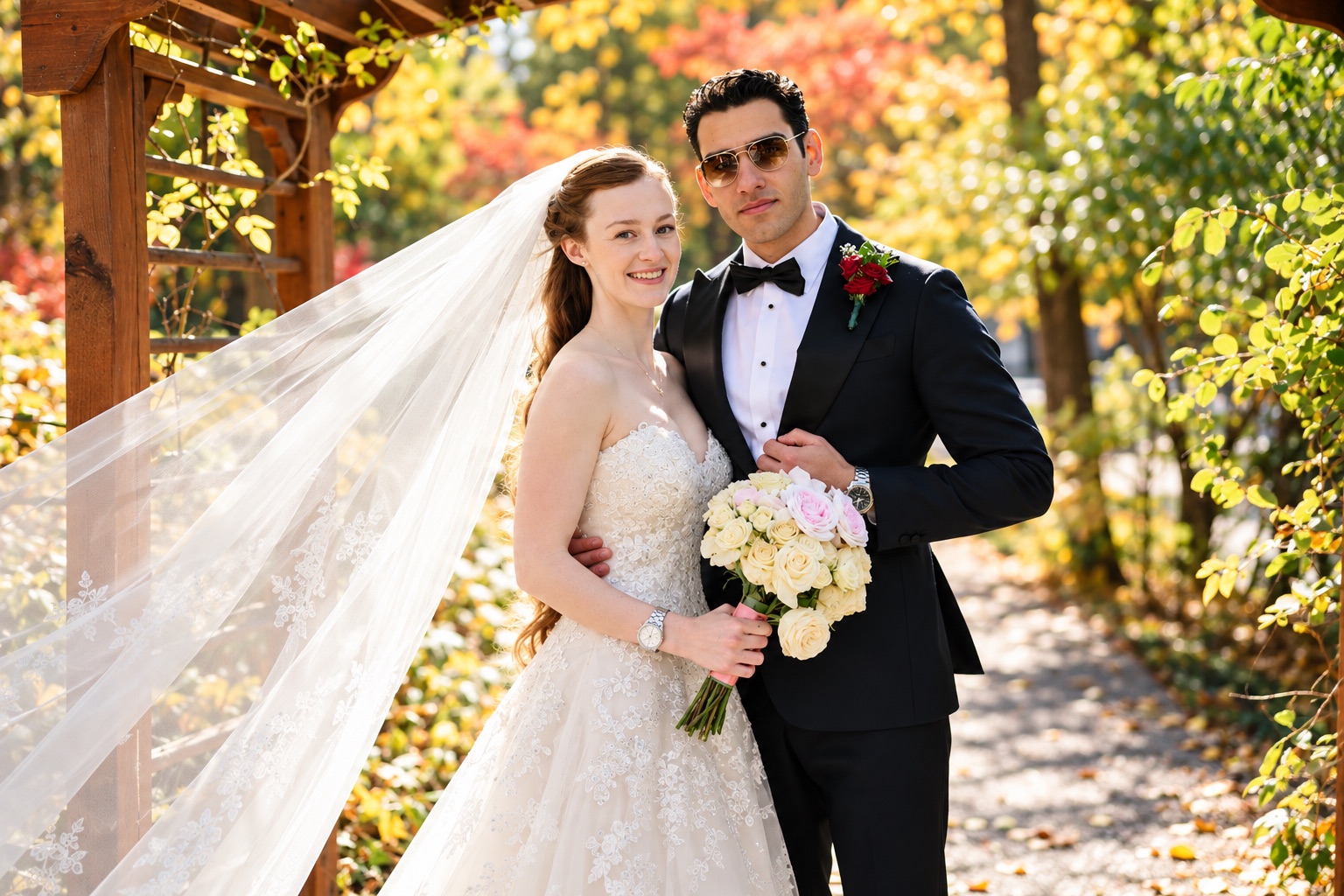 Jenna and Pouya by the pergola in autumn