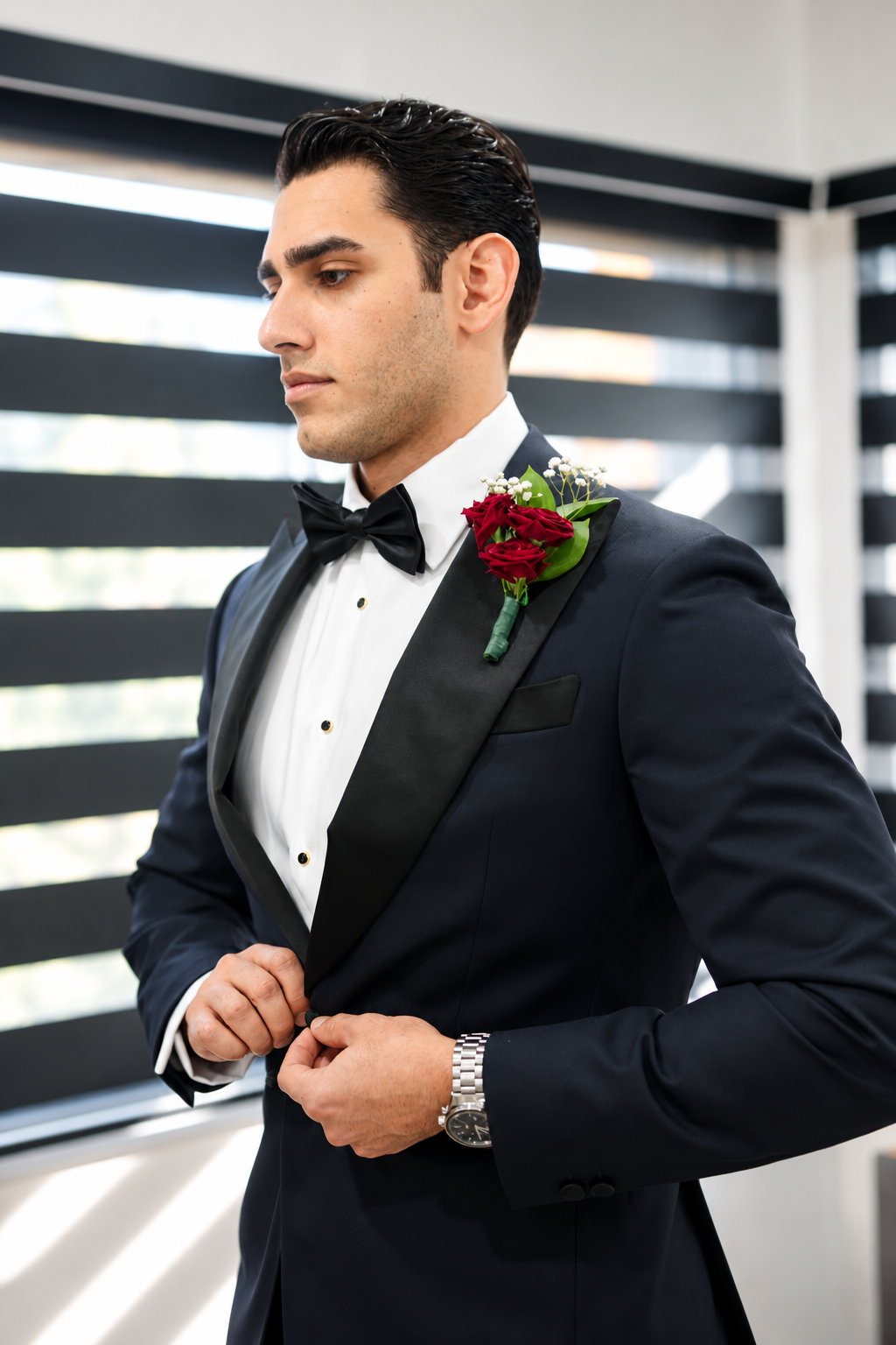 Pouya buttoning his tuxedo before the wedding