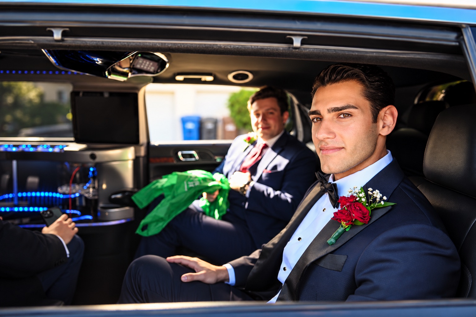 Pouya in the limo before the wedding