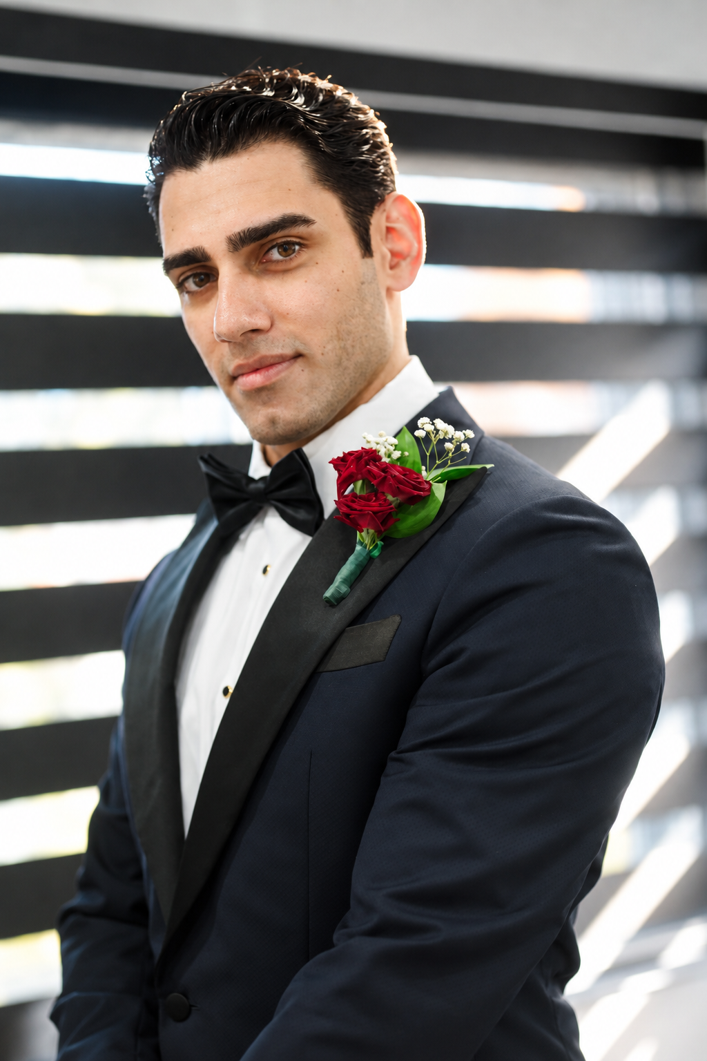 Portrait of Pouya with his red rose boutonniere