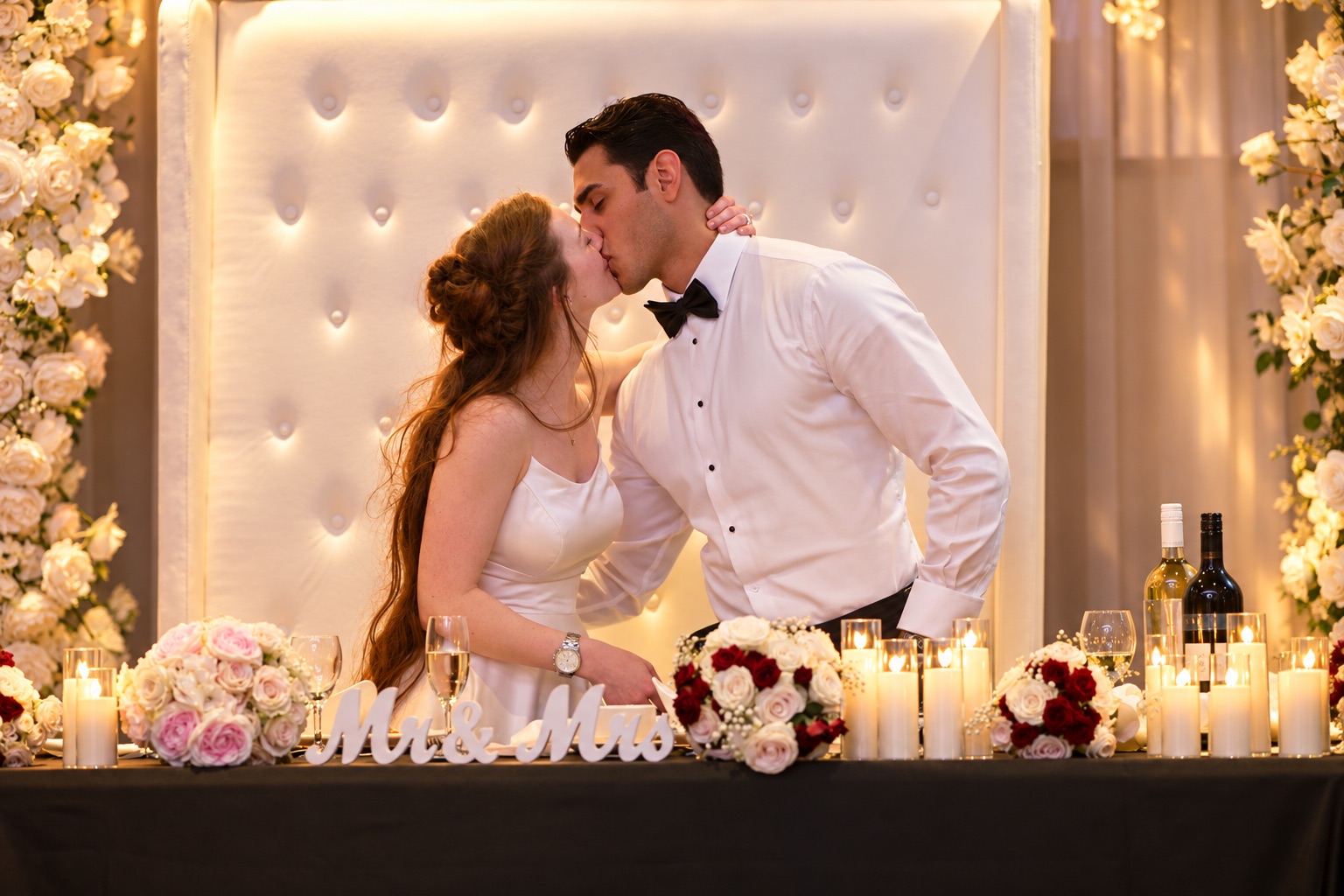 Jenna and Pouya kissing at their sweetheart table