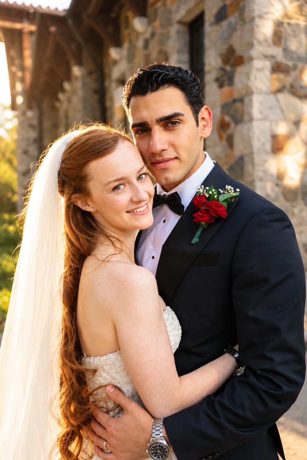Jenna and Pouya in a portrait by the stone chapel