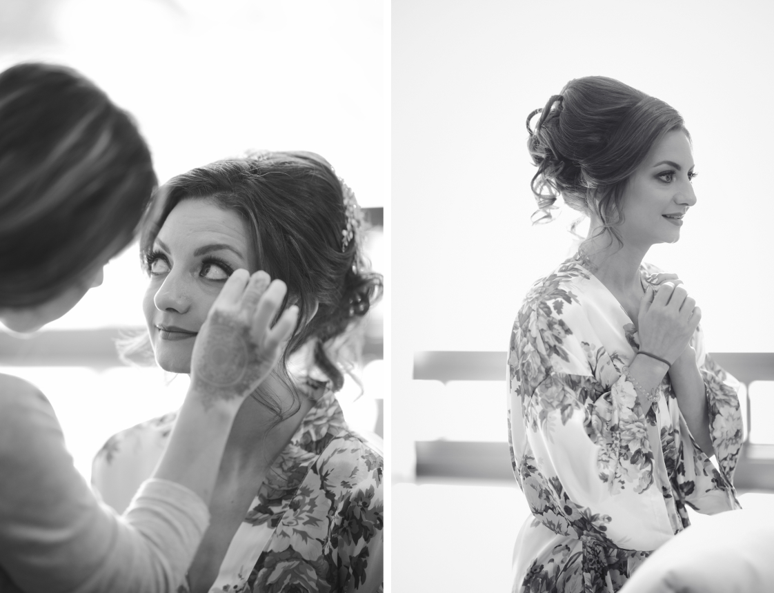 Kristine getting ready, makeup in a floral robe