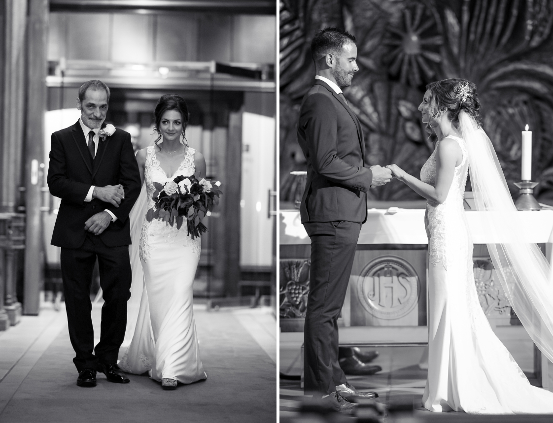 Kristine walking down the aisle and exchanging vows with Kenneth