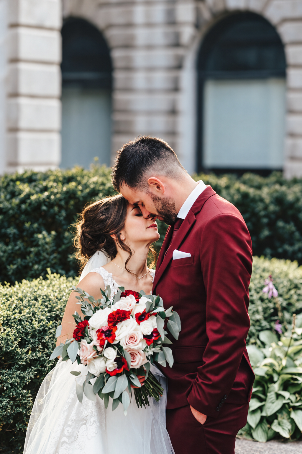 Kristine and Kenneth forehead to forehead with her bouquet