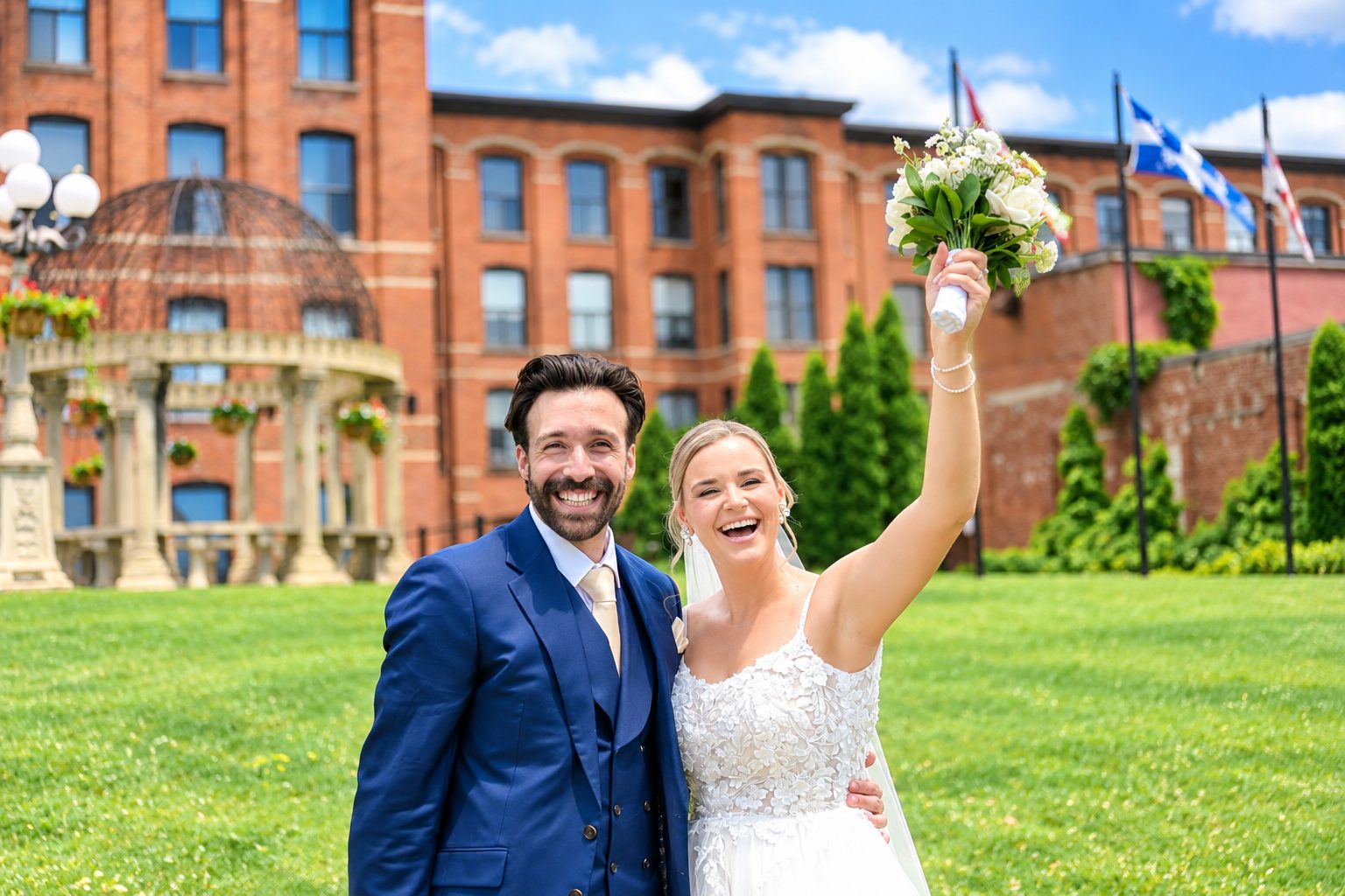 Laurie and Shadi raising the bouquet on the lawn