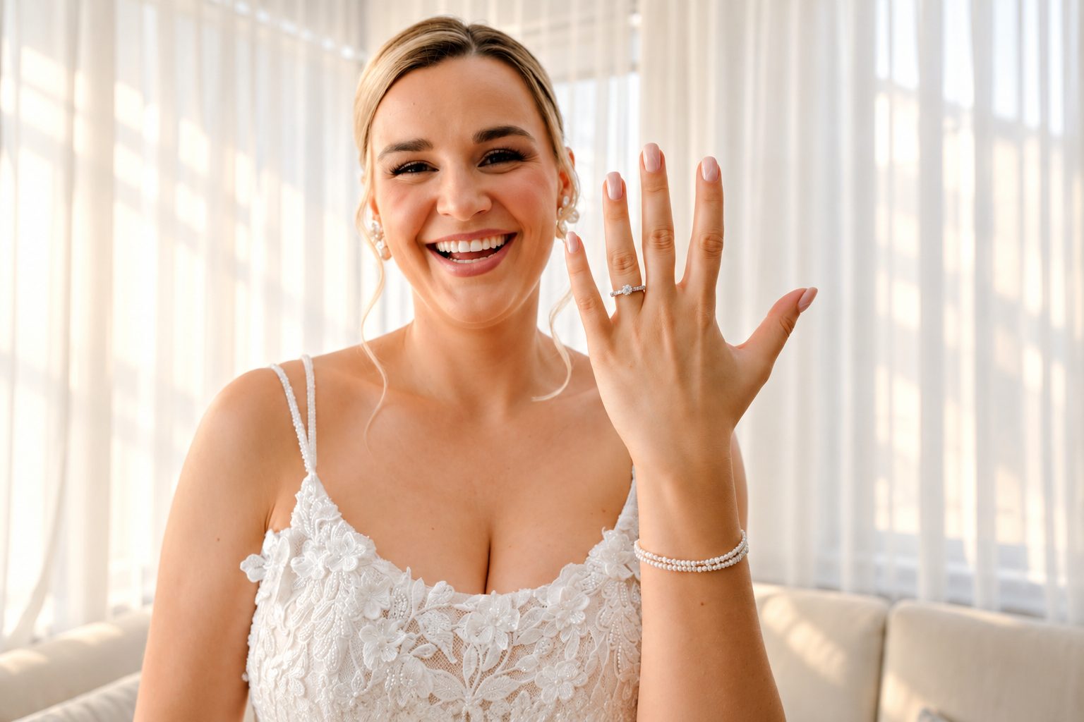 Laurie showing her ring by the window