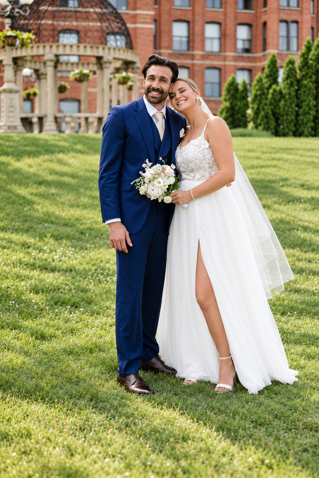Laurie leaning into Shadi on the lawn