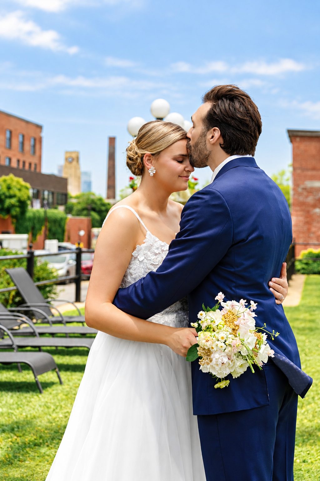 Laurie and Shadi kissing on the lawn