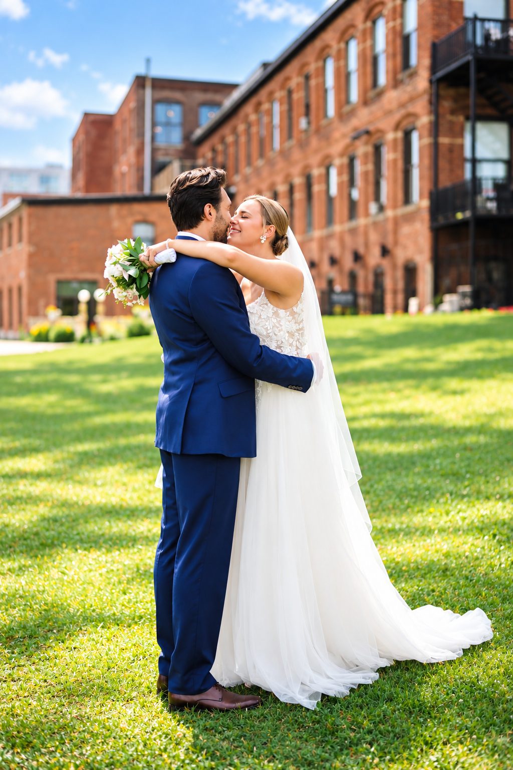Laurie and Shadi embracing on the lawn