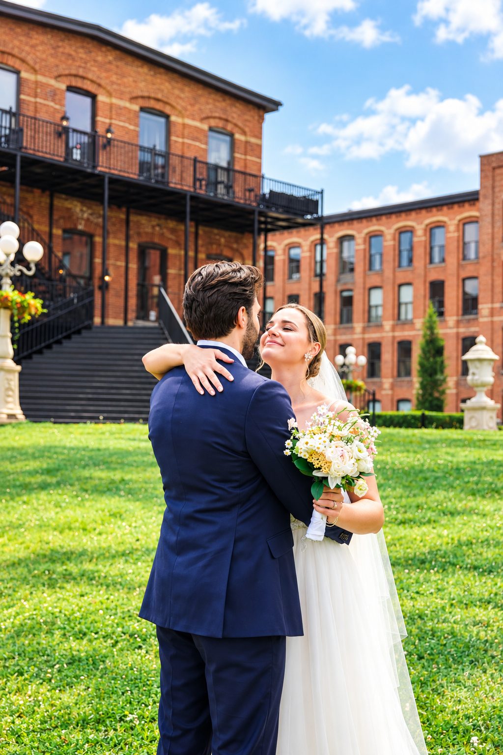 Laurie and Shadi embracing on the lawn