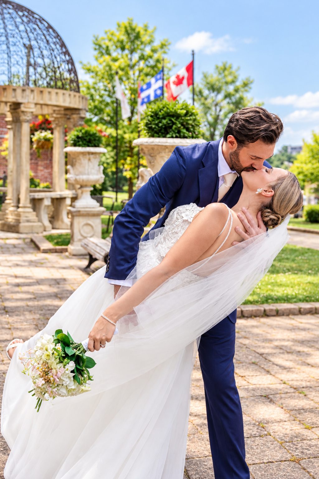 Laurie and Shadi's dip kiss in the garden