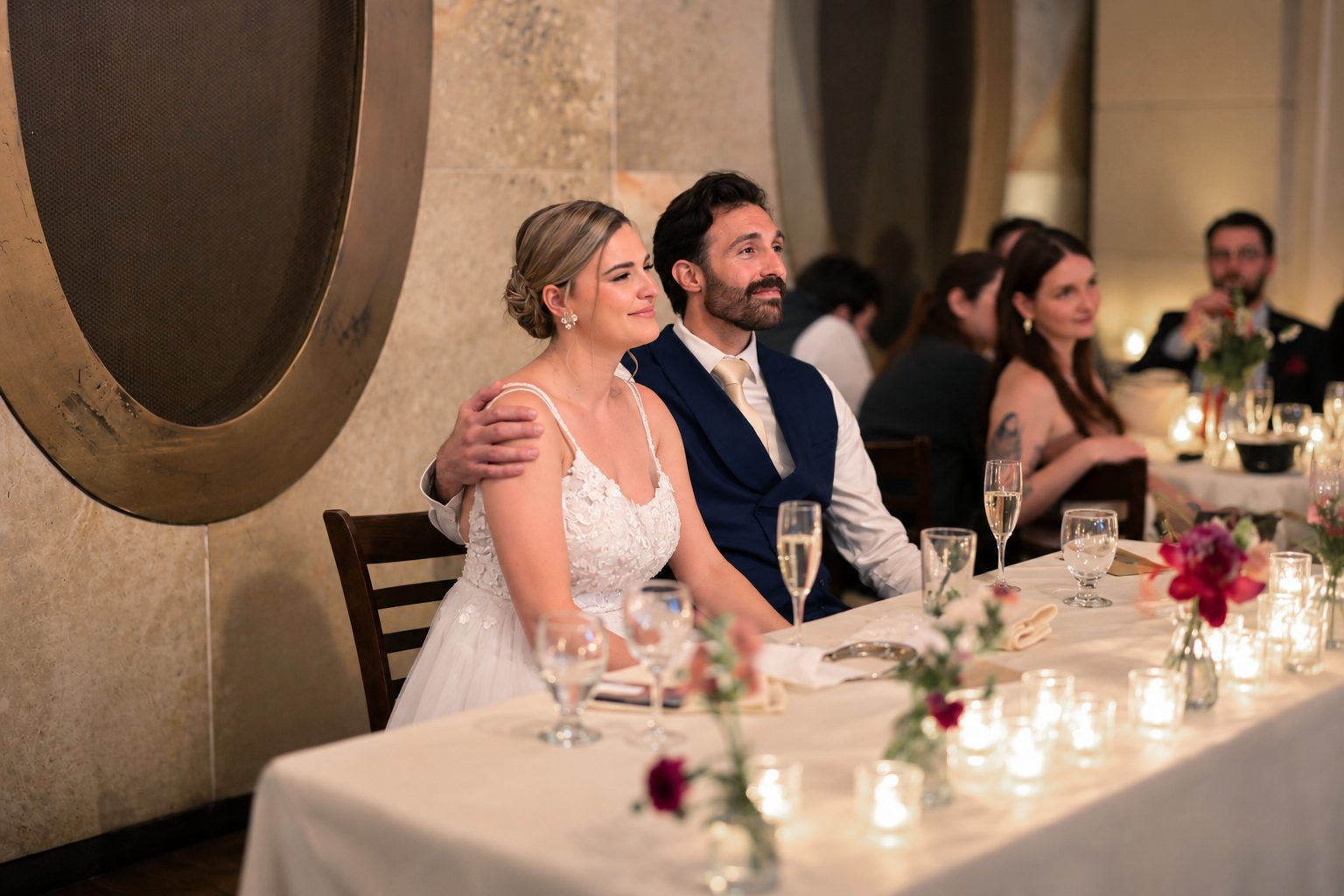 Laurie and Shadi during a toast at the head table