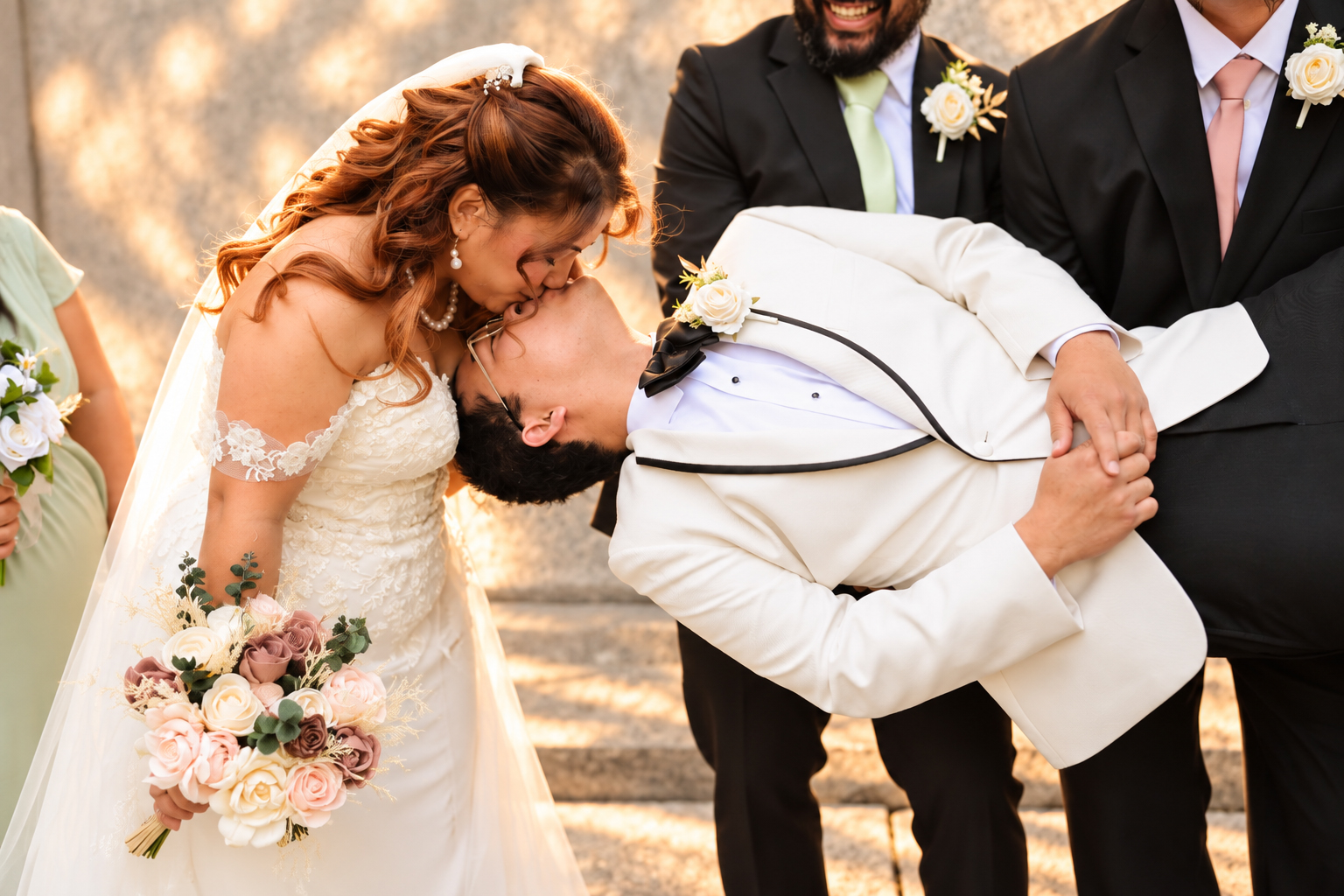 Mae kissing Daryl as the wedding party holds him