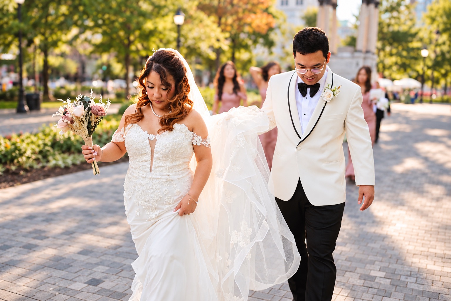 Mae and Daryl walking through the park