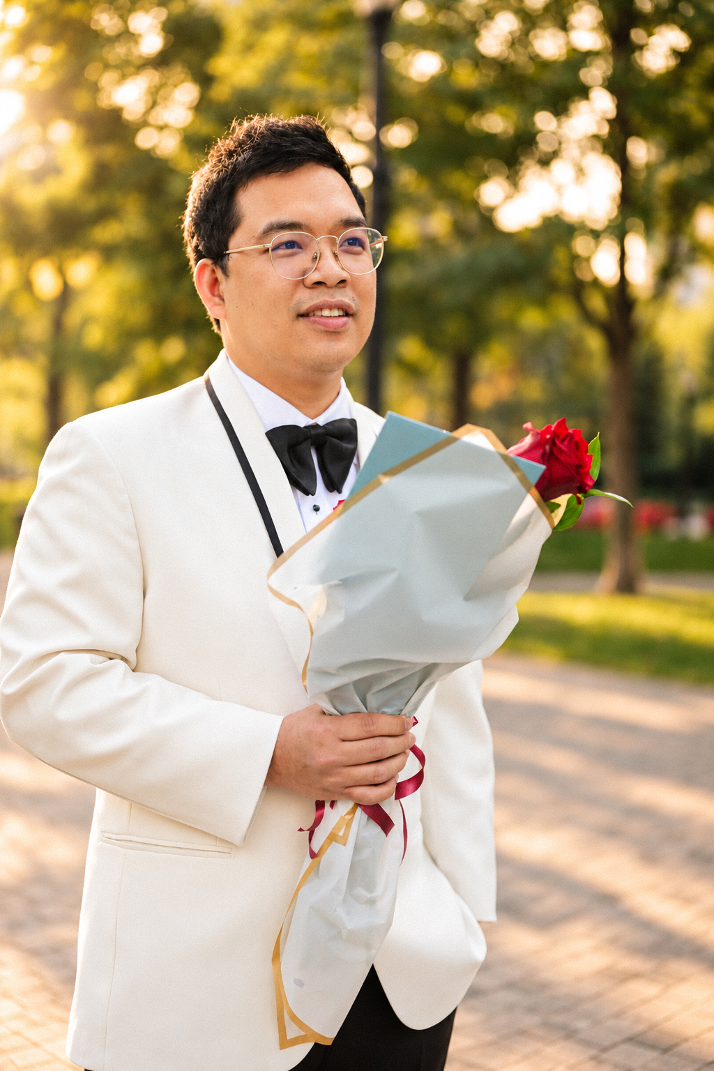 Portrait of Daryl with a bouquet of red roses