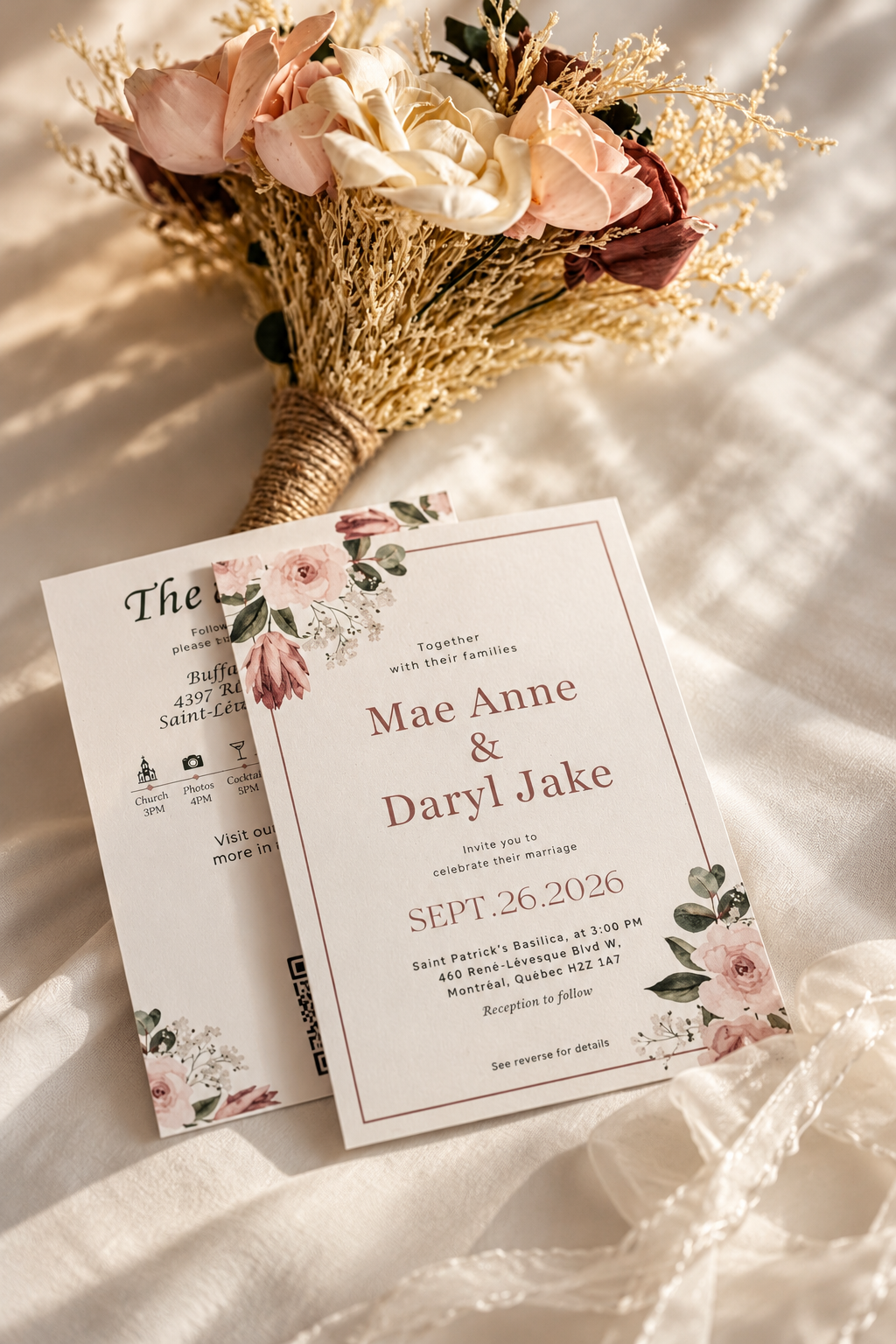Mae and Daryl's wedding invitation with the bouquet