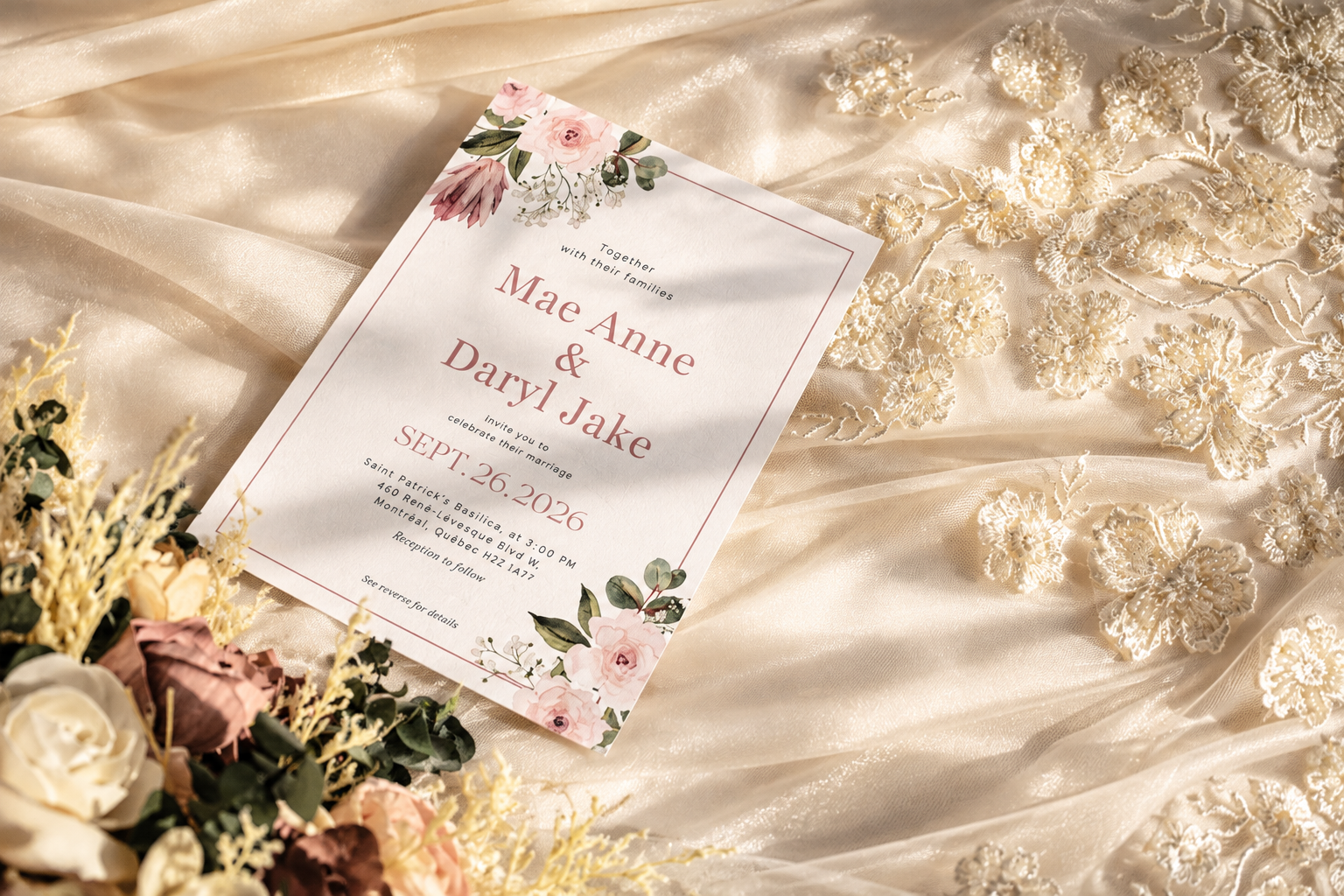 Mae and Daryl's wedding invitation on lace