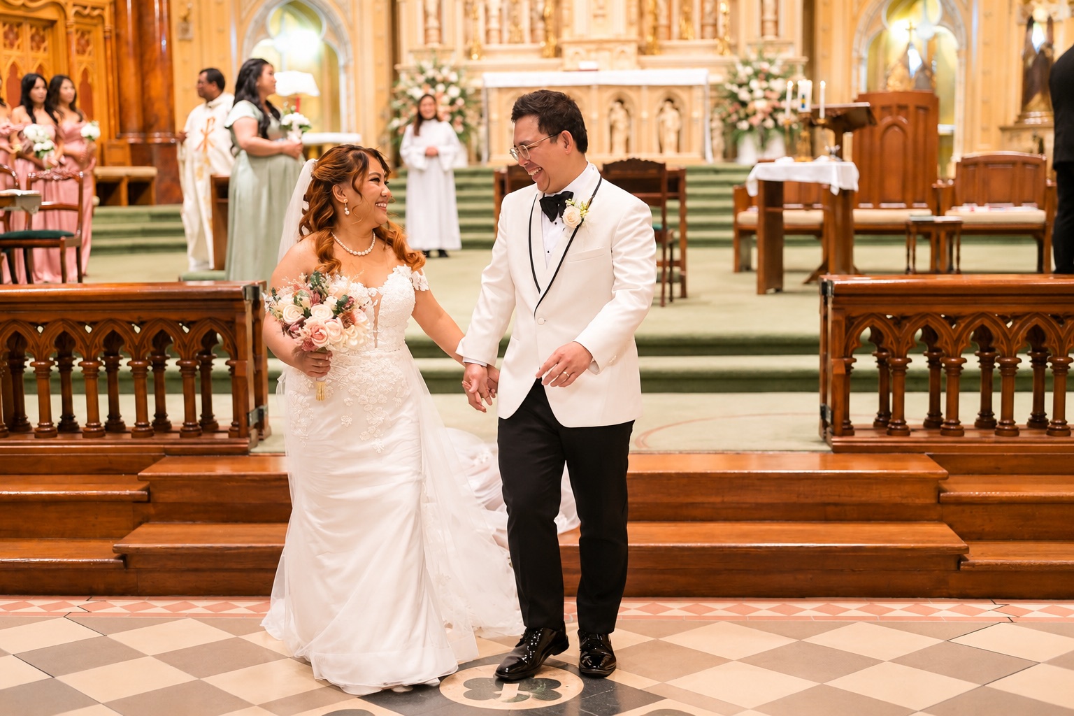 Mae and Daryl holding hands in front of the altar