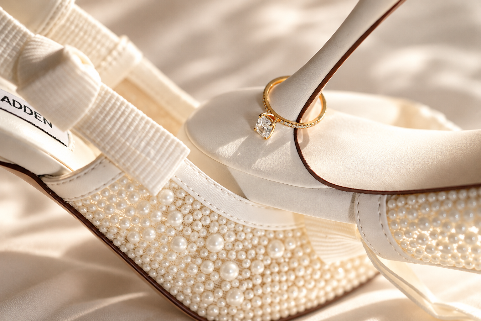 Pearl bridal shoes with the engagement ring