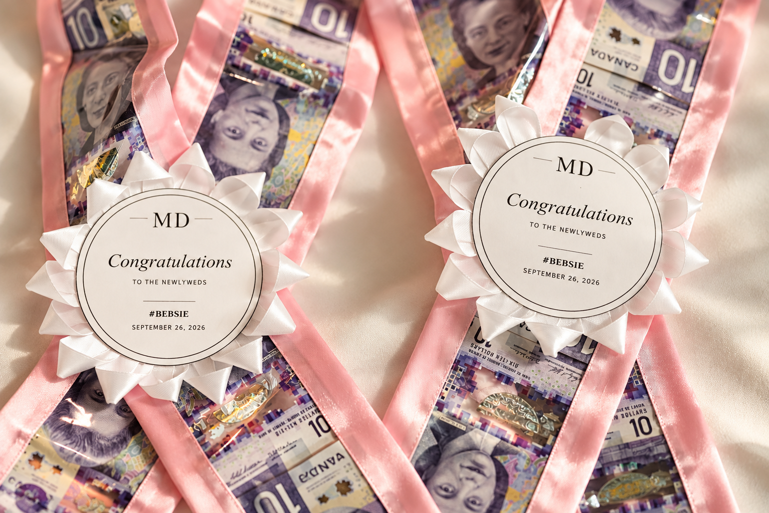 Pink money leis for Mae and Daryl