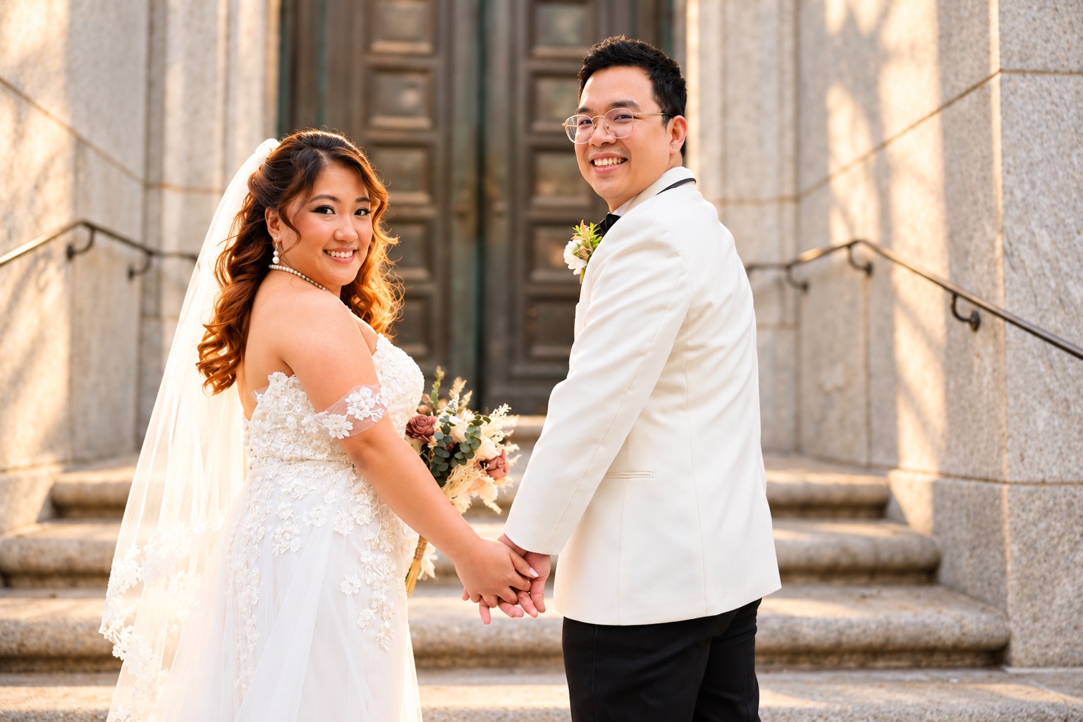 Mae and Daryl holding hands on the church steps