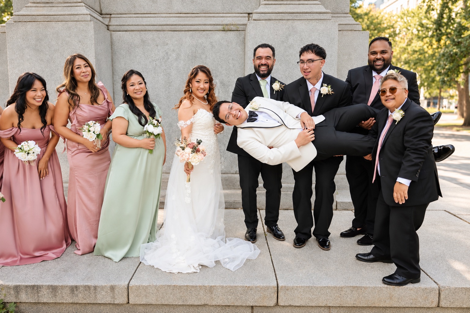 The wedding party carrying Daryl at the stone monument