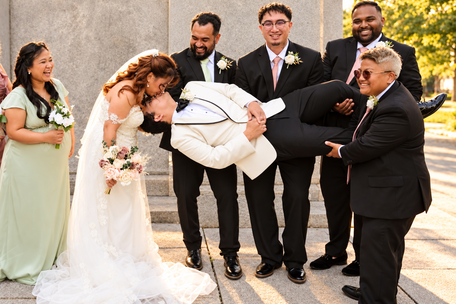 The wedding party lifting Daryl for a kiss with Mae
