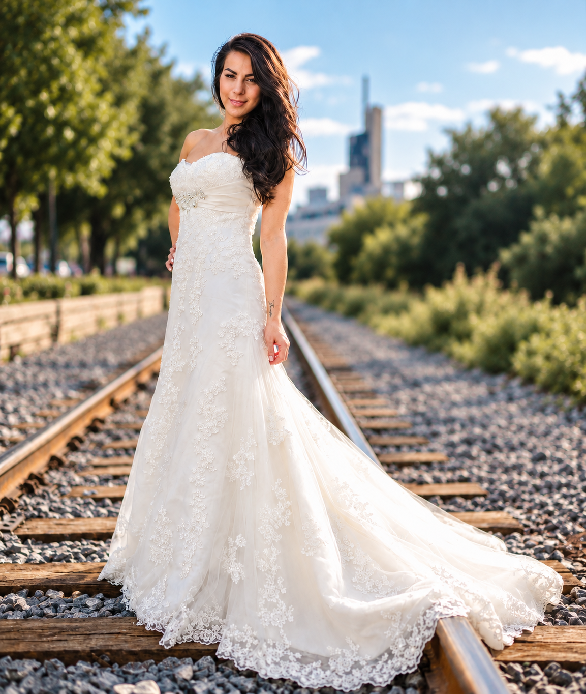 Sara standing on the train tracks in her wedding dress